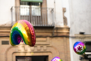 Balloons flying at the gay pride during the demonstration for the rights of homosexuals and LGBTQ...