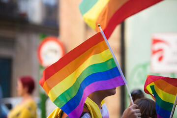 Gay rainbow flag during the demonstration for gay and LGBTQ rights in the city of Seville, Spain....