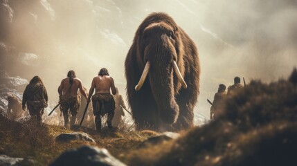 The woolly mammoth is walking with people in the mountains. Generative AI. - obrazy, fototapety, plakaty