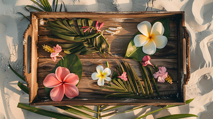 Wooden tray with tropical flowers