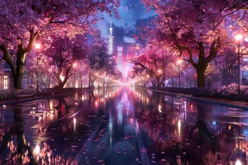 Heavenly night city in the spring with blooming trees and reflections on the road Generative Ai