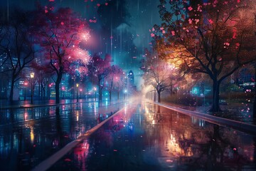 Fototapeta premium Heavenly night city in the spring with blooming trees and reflections on the road Generative Ai