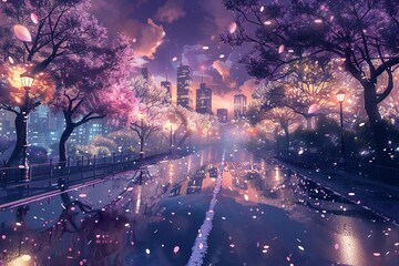 Heavenly night city in the spring with blooming trees and reflections on the road Generative Ai