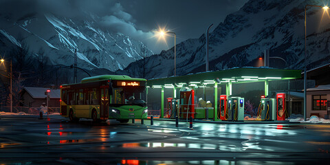 Deep night bus depot with buses and figures in motion,a stormy night, with lightning illuminating the empty bus stop and rain falling in torrents, - obrazy, fototapety, plakaty