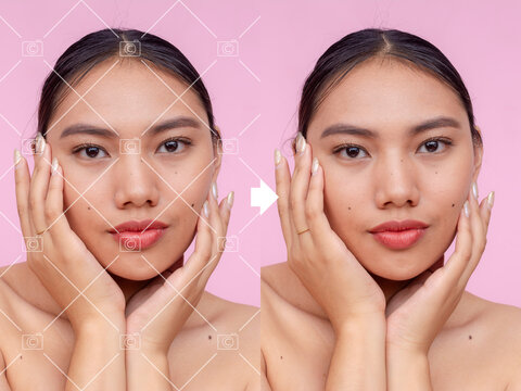 Before and after example of AI copyright or watermark remover tool erasing watermarks from a a stock photo of a young woman.