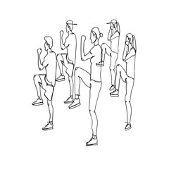One Line Drawing People doing Aerobics Together. Happy People Raise your Arms and Raise your Legs. Fitness Concept. Illustration Icon Vector