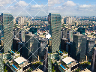 Before and after example of AI copyright or watermark remover tool erasing watermarks from a a stock photo of a city..