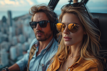 Couple in the cockpit of a helicopter at sunset