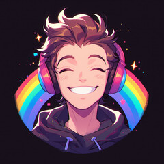 Rainbow young gay avatar, happy smiling, luxury modern logo in vector flat style