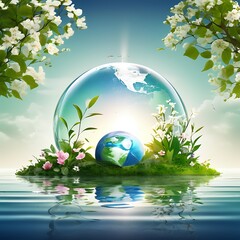 earth day concept illustration earth globe with beautiful nature blooming plant and clean water