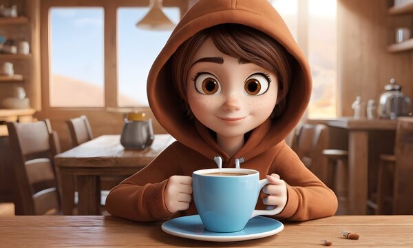 A cartoon girl is sitting at a table with a smile on her face, holding a cup of coffee. She is enjoying her leisure time, sharing a moment with her drinkware