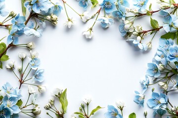 Naklejka na ściany i meble Soft blue empty spring frame with flowers isolated on white background Generative Ai