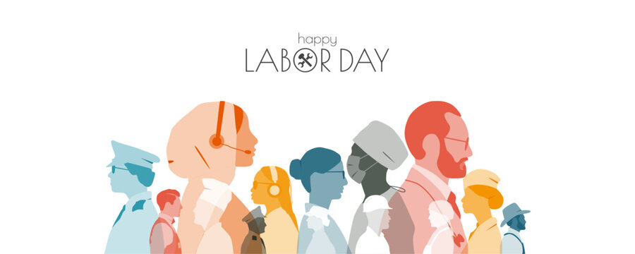 Labor day banner. Modern design. People of different professions together.