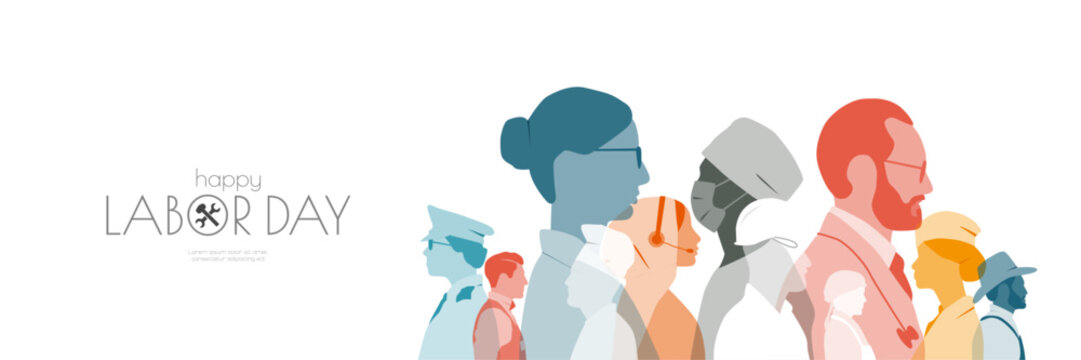 Labor day banner. Modern design. People of different professions together.