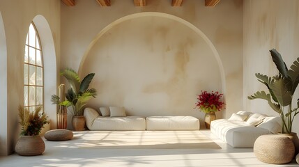 Fototapeta premium Mur en marbre blanc avec des arches modernes et naturelles, belle maison design, superbe architecture avec des canapés confortables