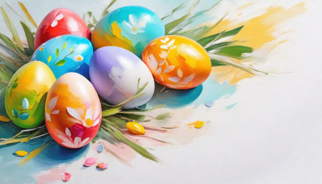 Colorful painted easter eggs with copy space