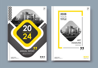 Abstract a4 brochure cover design. Ad text frame. Urban city view font. Title sheet model. Modern vector front page. Brand logo. Banner texture. Black, white ring figure, Yellow line icon. Flyer fiber