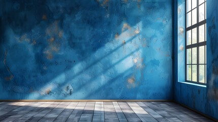 Espace vide pour arrière plan, mur bleu, décoration, pièce grande et spacieuse pour shooting photo
