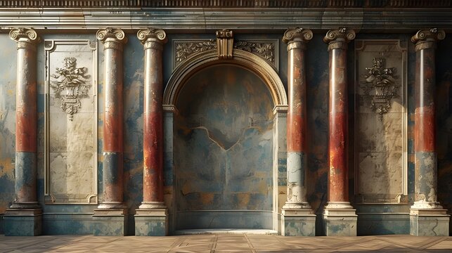Mur d'architecture avec un style indien, oriental, empire romain bleu et rouge, avec des collones romaines