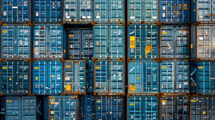 A group of cargo containers towering one on top of the other in a warehouse, forming a tall stack of metal boxes used for transportation and storage. - obrazy, fototapety, plakaty