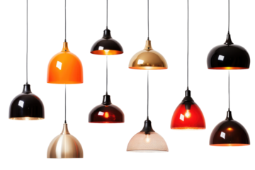A photograph showcasing a variety of differently colored lights suspended from the ceiling. on a White or Clear Surface PNG Transparent Background.