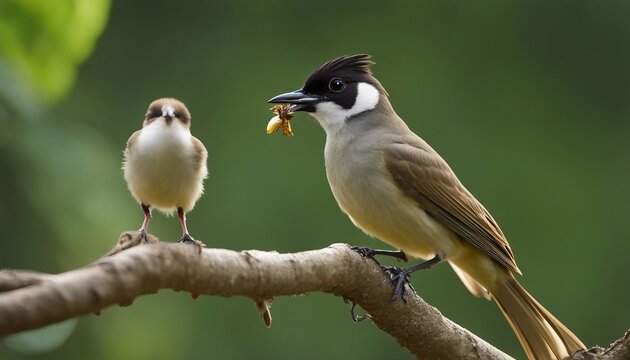 Parental Care: White-Cheeked Bulbul Feeding Chicks with Tender Care

