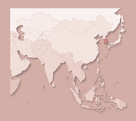 Vector illustration with asian areas with borders of states and marked country South Korea. Political map in brown colors with regions. Beige background