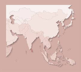 Vector illustration with asian areas with borders of states and marked country Sri Lanka; Political map in brown colors with regions. Beige background