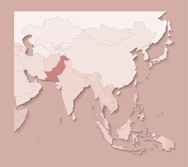 Vector illustration with asian areas with borders of states and marked country Pakistan. Political map in brown colors with regions. Beige background