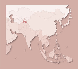 Vector illustration with asian areas with borders of states and marked country Tajikistan. Political map in brown colors with regions. Beige background
