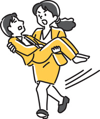 男性を抱き上げて走る女性