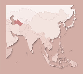 Vector illustration with asian areas with borders of states and marked country Turkmenistan. Political map in brown colors with regions. Beige background