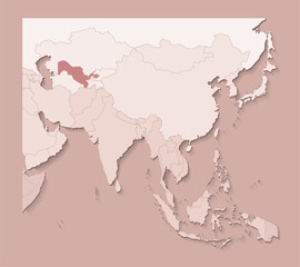 Vector illustration with asian areas with borders of states and marked country Uzbekistan. Political map in brown colors with regions. Beige background