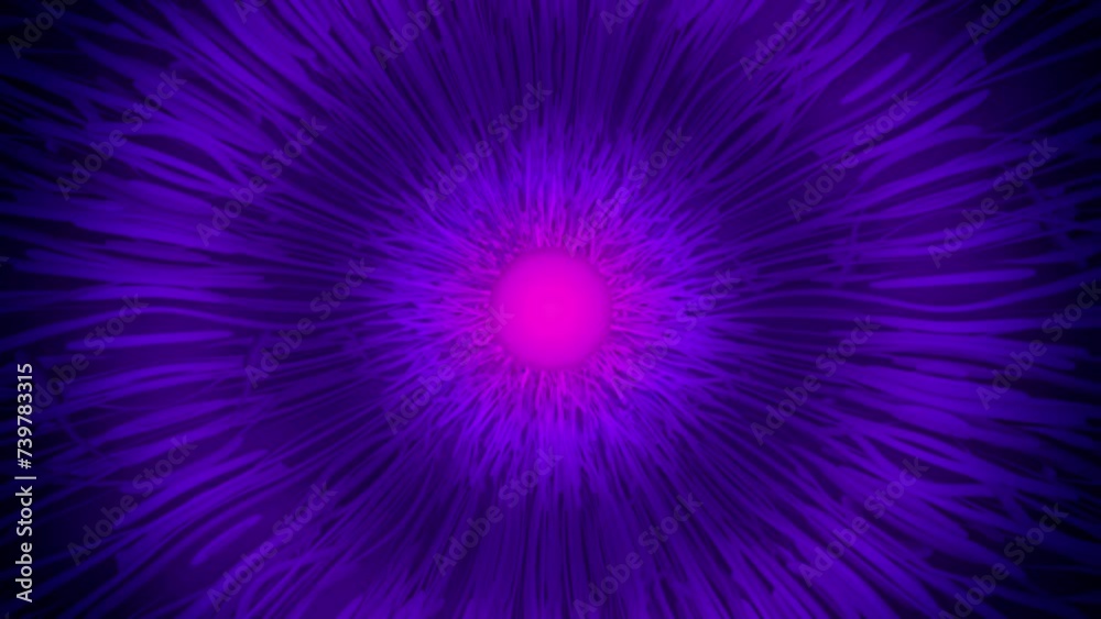 Poster Purple background with a bright, glowing pink circle in the center and a swirling pattern of sinuous lines floating sideways. Digital seamless loop animation. 3d rendering. HD resolution