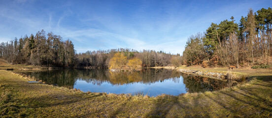 Panorama of beautiful pond in spring landscape under blue sky