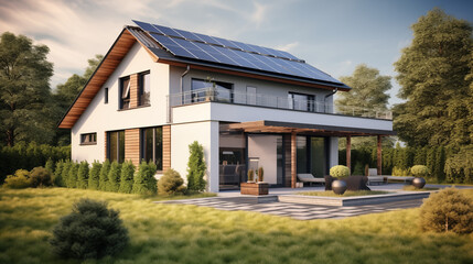  a newly constructed house stands as a beacon of eco-friendliness, its roof adorned with a photovoltaic system featuring sleek solar panels, a testament to the homeowner's dedication to sustainable. - obrazy, fototapety, plakaty