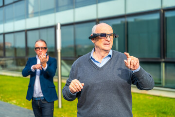 Businessman experiencing with augmented mixed vision headset