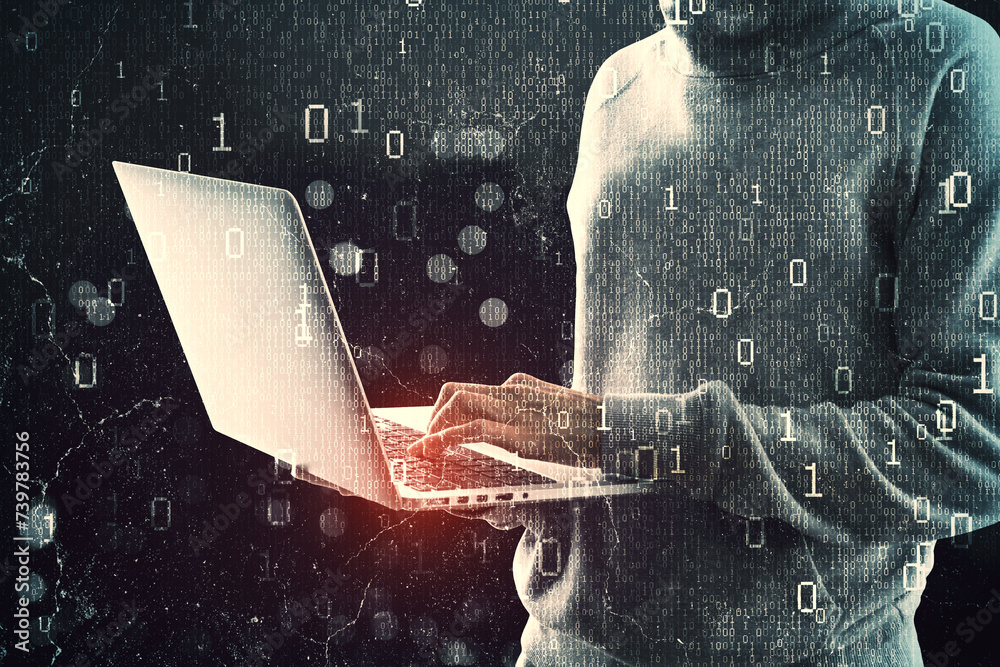 Poster Close up of hacker hands using laptop while standing on abstract dark hacking background with bokeh circles and binary coding. Malware and phishing, data theft concept.
