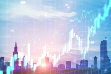 Abstract growing forex chart on blurry toned city backdrop. Financial investment and economy concept. Double exposure.