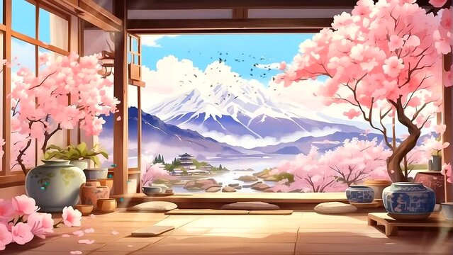 Spring scenery in a Japanese home: cherry blossoms, mountains, calm atmosphere. Seamless looping 4k time-lapse video animation background