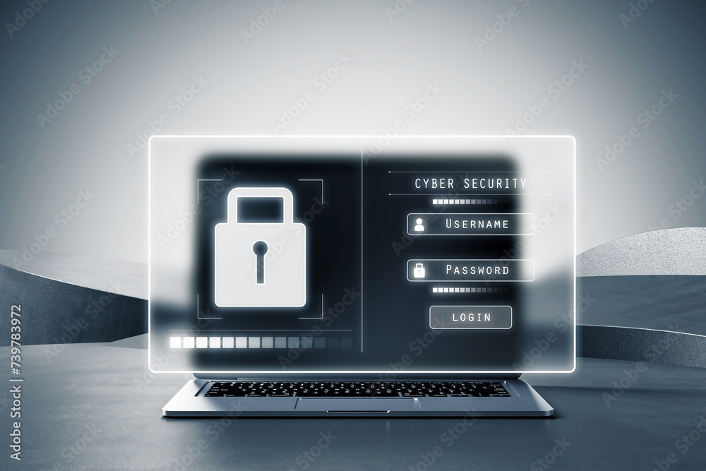 Aufkleber laptop showcasing a futuristic cybersecurity login interface with a glowing padlock icon. modern tec