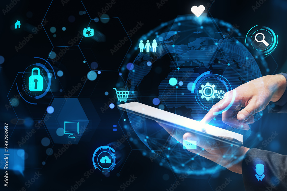 Poster Businessman using tablet with global network connection concept, interactive digital interface, blue black background
