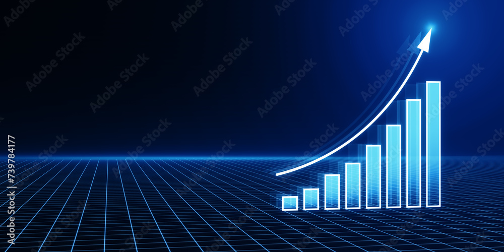Poster abstract growing blue business chart with arrows on wide dark blue background with mock up place. fu