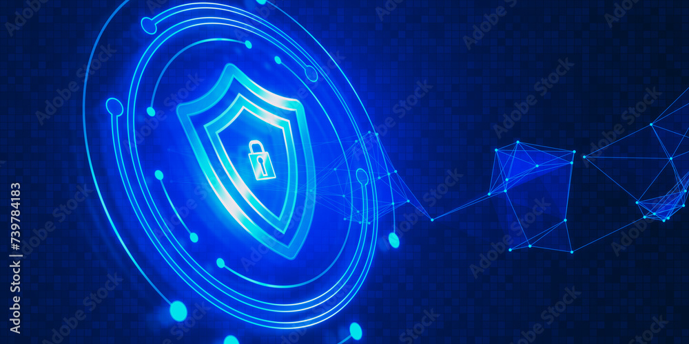 Poster creative round safety hologram with polygonal mesh on blurry wide blue background. secure antivirus,