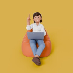3d woman sitting on beanbag with laptop on her thigh while pointing above with right hand