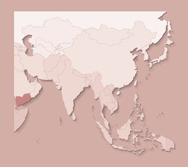 Fototapeta premium Vector illustration with asian areas with borders of states and marked country Yemen. Political map in brown colors with regions. Beige background