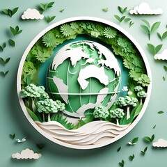 Flat 3D globe concept with green tree and blue color