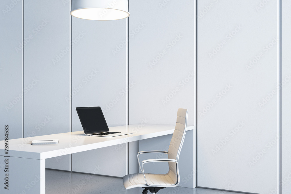 Poster stylish modern office setup with white desk, chair and blank screen. creative space. 3d rendering