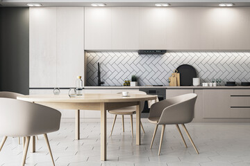 Modern kitchen design with white herringbone backsplash and wooden details, elegant interior. 3D Rendering