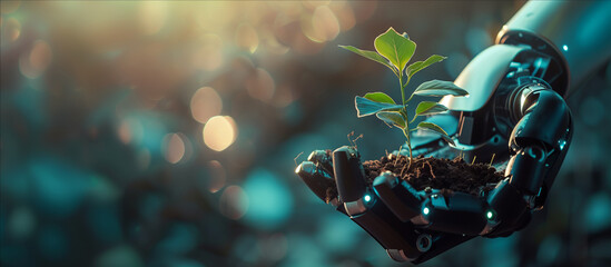 A robotic hand delicately holds a potted plant filled with rich soil, symbolizing the merging of technology and nature in a futuristic world. - obrazy, fototapety, plakaty